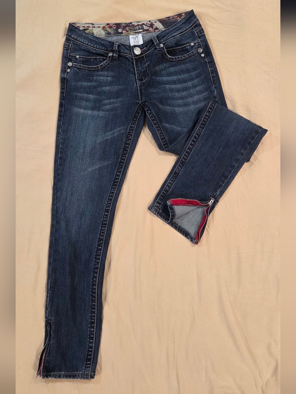 Yoki Dark Blue Skinny Jeans with Red Side Zipper Accents - Size 10 Women's